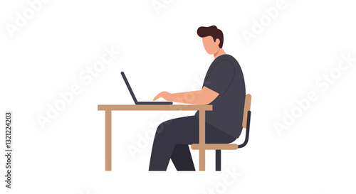 Person working on laptop at desk in flat design vector art