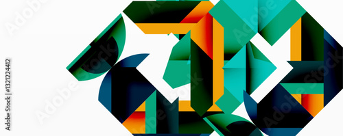 Abstract geometric artwork with interwoven angular and curved shapes, dynamic composition with smooth gradients and bold contrasts