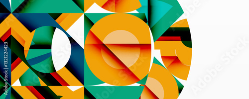 Abstract geometric artwork with interwoven angular and curved shapes, dynamic composition with smooth gradients and bold contrasts