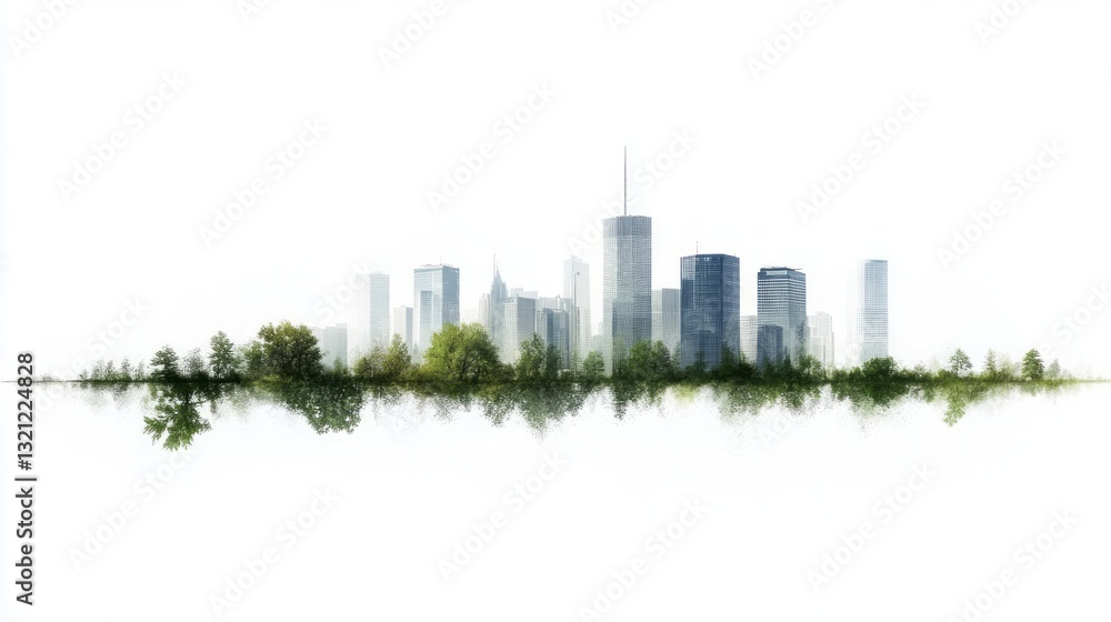 Fototapeta premium cityscape view with building and green tree and the city's reflection on the surface.