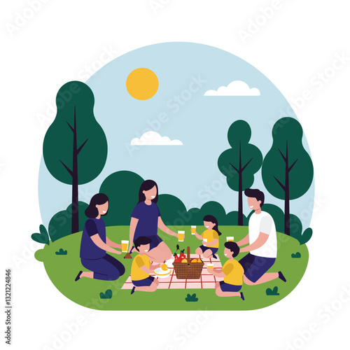 Family enjoying a picnic in the park with flat vector illustration