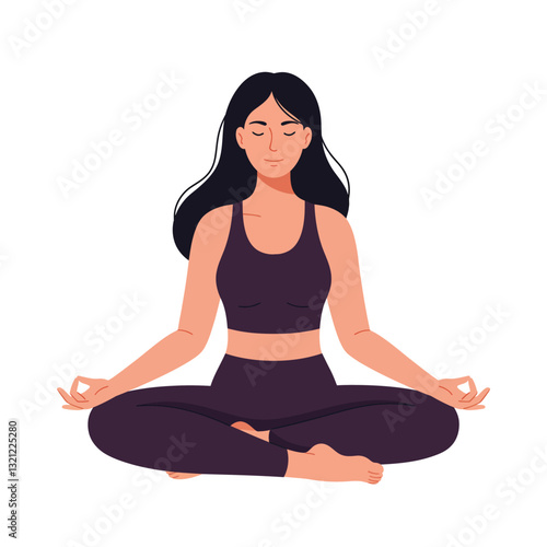 Woman practicing meditation in flat design style vector art