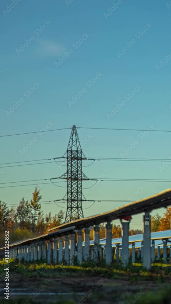 Solar power plant with rows of photovoltaic panels alongside a high-voltage transmission tower, representing renewable energy and electricity distribution Solar power plant with rows of photovoltaic panels alongside a high-voltage transmission tower, representing renewable energy and electricity distribution