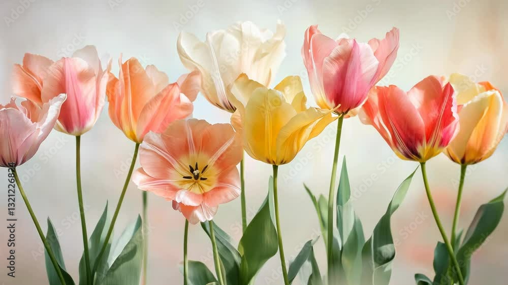 Fully bloomed tulips of various colors swaying in the wind against a light background Fully bloomed tulips of various colors swaying in the wind against a light background