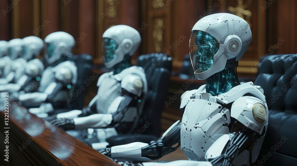 Virtual courtroom with robotic judges utilizing holographic technology for futuristic judicial trials Virtual courtroom with robotic judges utilizing holographic technology for futuristic judicial trials