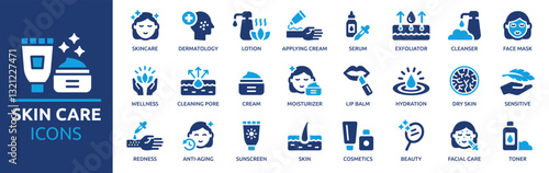 Skin care icon set. Containing cosmetics, cream, lotion, skincare, dermatology, facial care, serum, cleanser, beauty and more. Solid vector icons collection.
