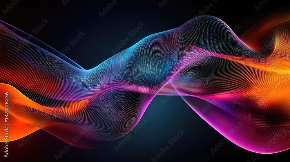 Fototapeta premium Geometric pattern design abstract background idea. Vibrant, flowing waves of colorful light against a dark background, creating a dynamic effect.