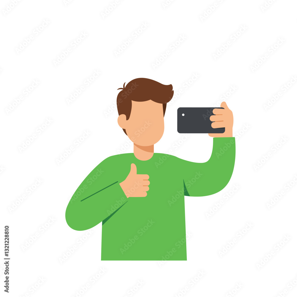 Young man taking selfie with smartphone in minimal flat vector art Young man taking selfie with smartphone in minimal flat vector art