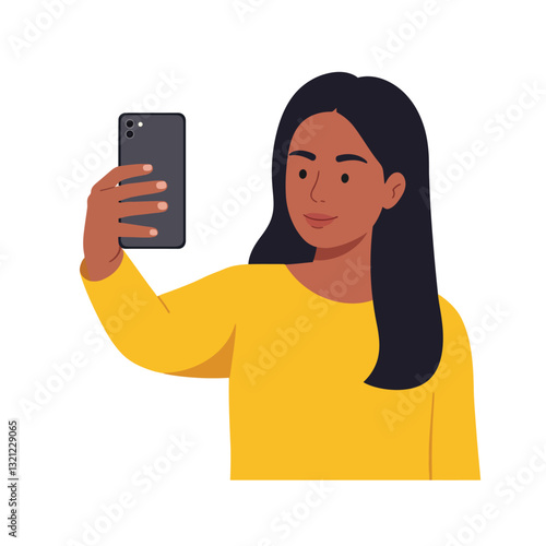 Young woman taking a selfie in minimal flat design vector art