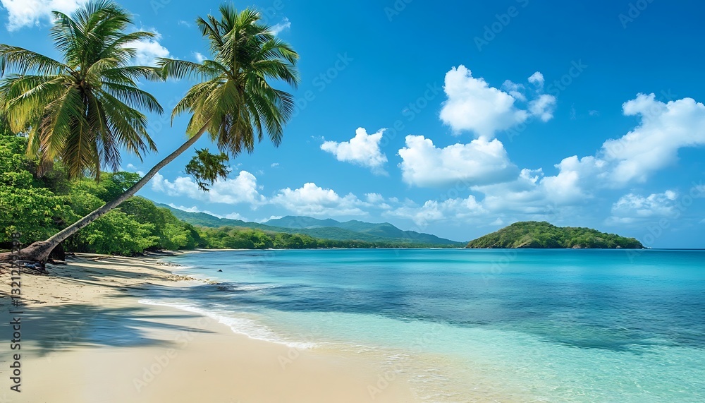 Idyllic tropical beach with palm trees, white sand, and turquoise water under a sunny sky. Idyllic tropical beach with palm trees, white sand, and turquoise water under a sunny sky.