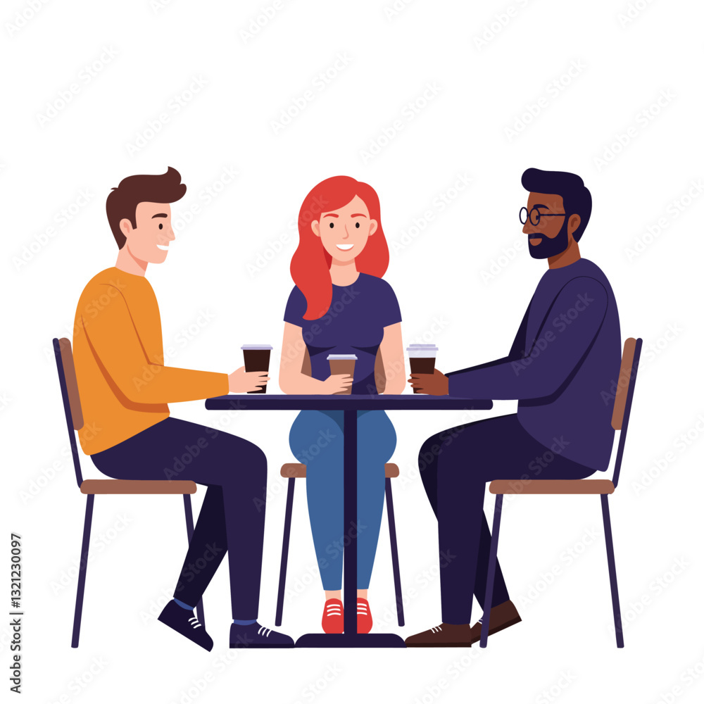 Obraz premium Three friends enjoying coffee at a table in flat vector illustration