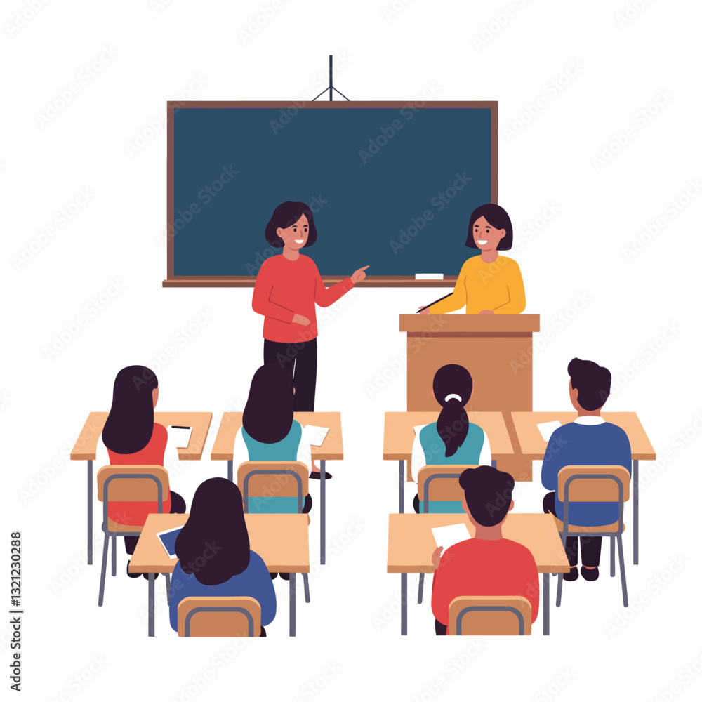 Classroom interaction featuring a teacher and student in minimal vector illustration style vector art Classroom interaction featuring a teacher and student in minimal vector illustration style vector art