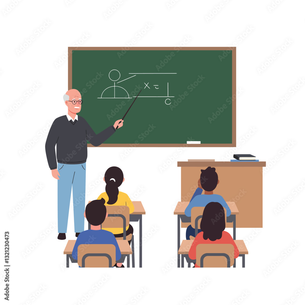Teacher explaining concepts to students in a flat and colorful vector illustration Teacher explaining concepts to students in a flat and colorful vector illustration