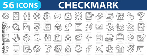 Checkmark 56 icon set. Check, accept, selected, confirm, approve, correct, complete, checklist, agree, verified, checkmark, business, progress and more. Vector illustration