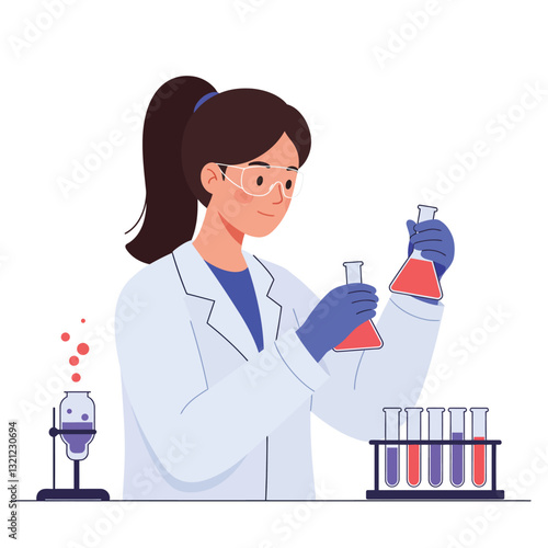 Scientist in lab coat conducting experiments with flasks in flat vector illustration