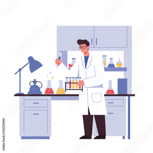 Scientist conducting experiments in a modern laboratory with flat design vector art