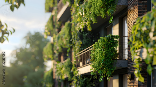 A office building made of old red brick with lush green ivy climbing over