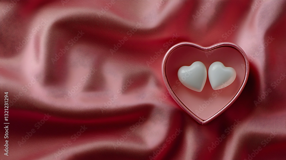 Fototapeta premium Romantic heart-shaped candies on satin red fabric close-up view sweet treats love concept