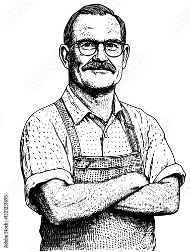 Craftsman with confidence showcasing skillful artistry in a vintage-style illustration reflecting dedication to craft