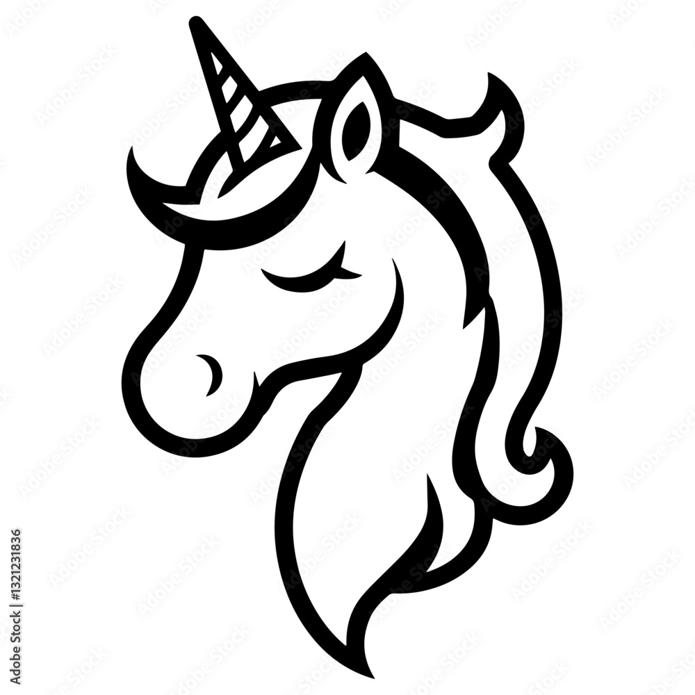 Stylized line icon of a unicorn head, symbolizing magic and fantasy Stylized line icon of a unicorn head, symbolizing magic and fantasy