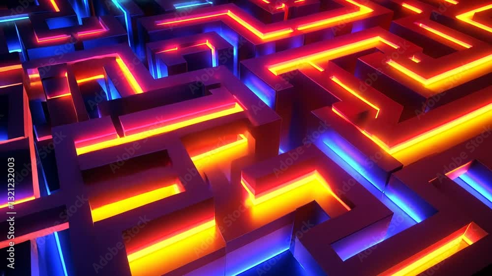 Abstract Neon Maze: Glowing Labyrinth Animation with Vibrant Blue and Orange Lights Abstract Neon Maze: Glowing Labyrinth Animation with Vibrant Blue and Orange Lights