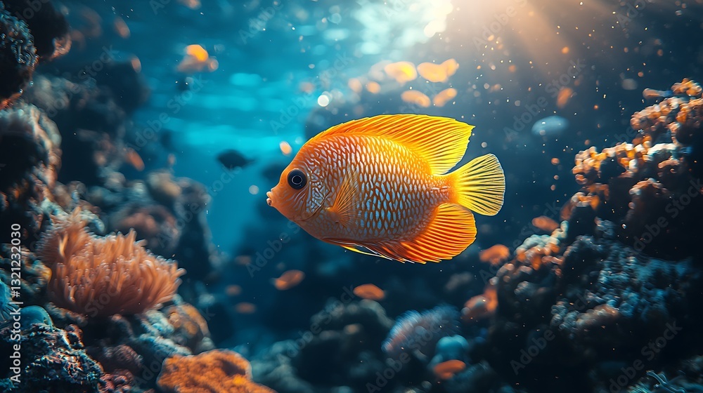 Obraz premium Vibrant Orange Tropical Fish Swimming in Coral Reef Underwater Scene