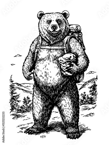 Engraved illustration of a strong bear carrying a backpack in a mountainous landscape perfect for tattoo design and packaging ideas