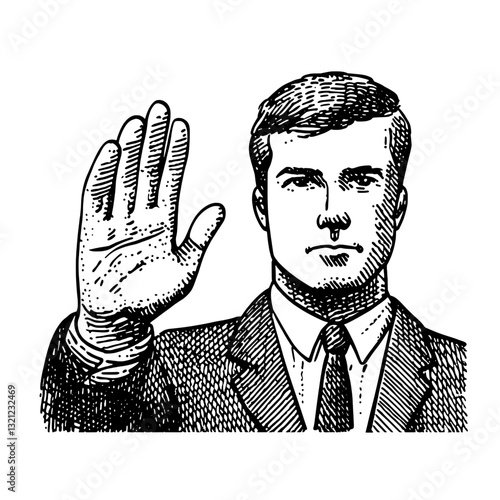 Engraved illustration of a businessman gesturing a halt with an artful design for tattoos and packaging ideas