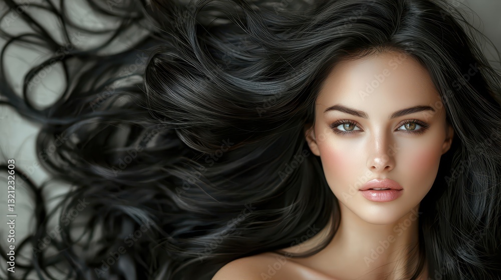 Beautiful woman with long, shiny black hair. Concept of beauty, hair care, and fashion. Beautiful woman with long, shiny black hair. Concept of beauty, hair care, and fashion.