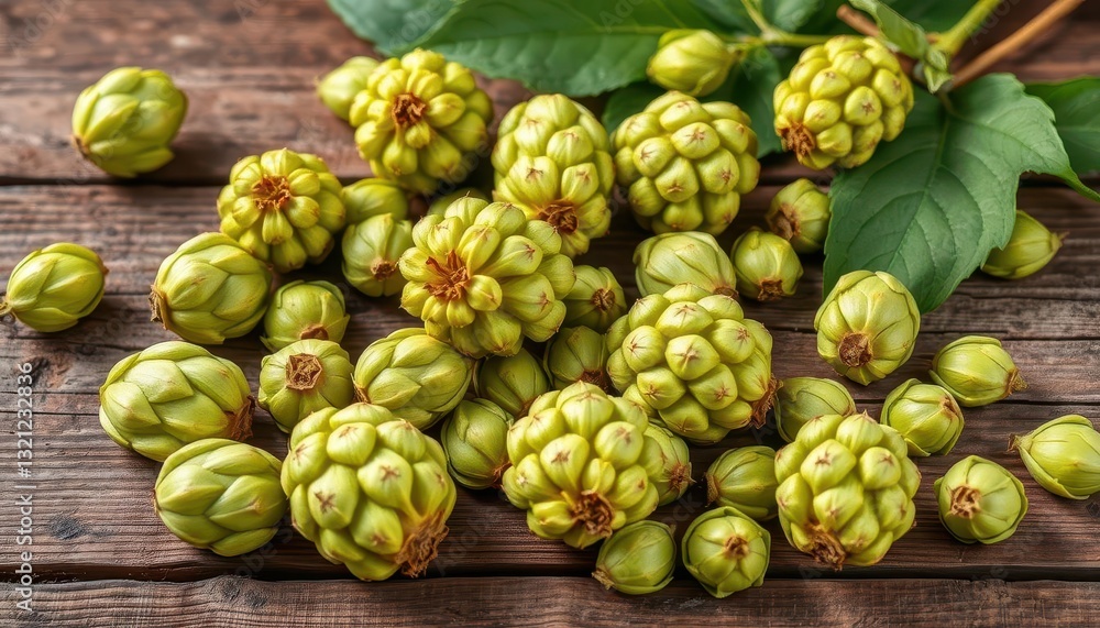 Fresh green hop cones scattered on rustic wooden table, food, botany Fresh green hop cones scattered on rustic wooden table, food, botany