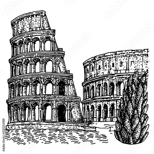 Intricate engraved illustration of a historic coliseum with elegant architectural details, reflecting ancient artistry and culture