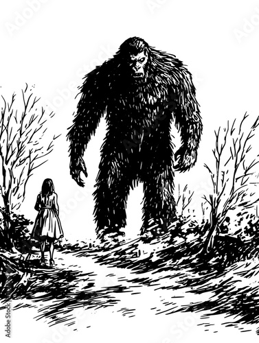 Mysterious encounter between a young girl and a towering creature in a haunting forest landscape