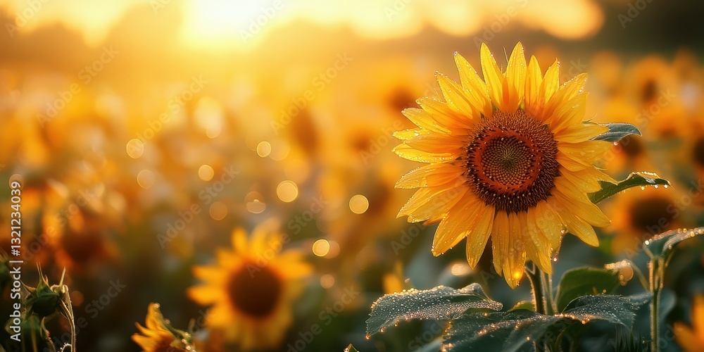 Fototapeta premium Sunflowers bloom in golden sunlight during early morning at a vibrant field
