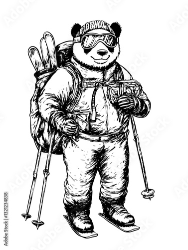 Panda skier ready for adventure with gear, skis, and a backpack in a snowy landscape