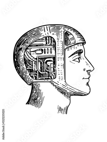 Engraved illustration of a futuristic head design showcasing intricate internal structures for tattoo and packaging purposes