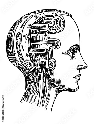 Conceptual illustration of a human head with intricate engravings representing technology and connection in a futuristic context
