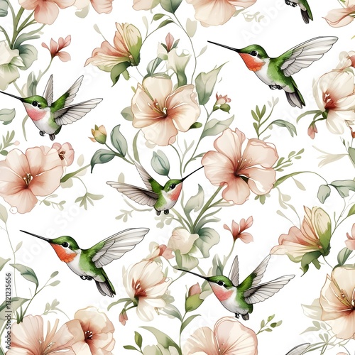Seamless pattern with floral romantic elements, hand drawn colibri for your design. Endless texture, sketch humming-birds, watercolor flowers, isolated on white background. Vector Generative AI