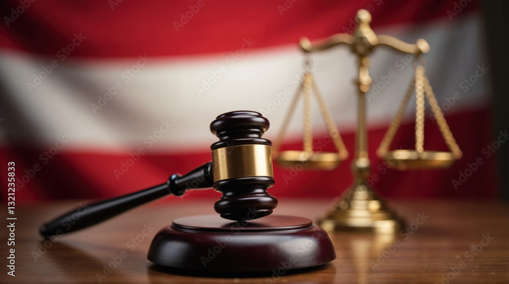 Austrian legal system concept with gavel, scales, and flag Austrian legal system concept with gavel, scales, and flag