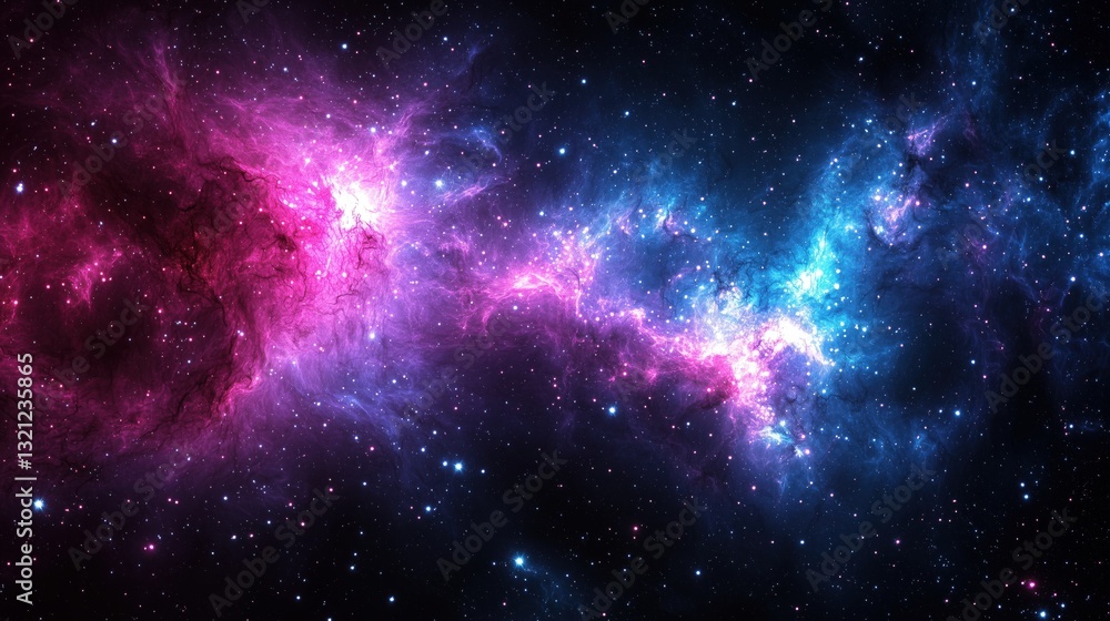 Naklejka premium Colorful cosmic nebula illuminated by stars in deep space showcasing a vibrant mix of pink and blue hues