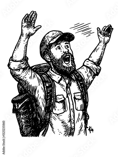 Engraved vector illustration of an excited hiker celebrating in nature with arms raised in joy