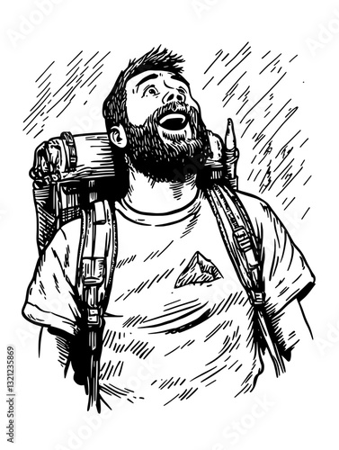 Joyful hiker celebrating under the rain while surrounded by nature, capturing the essence of adventure and spontaneity in the wild