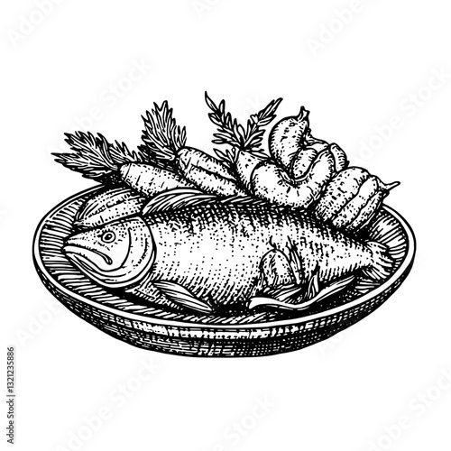 Engraved vector illustration of a fresh fish accompanied by vibrant vegetables on a decorative plate