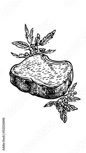 Illustration of a rustic steak resting among fresh herbs in a detailed engraving style perfect for tattoos and packaging designs