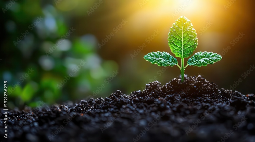 A vibrant green sprout emerging from rich dark soil under a warm sunlight glow, symbolizing growth and renewal. Copy space, commercial use A vibrant green sprout emerging from rich dark soil under a warm sunlight glow, symbolizing growth and renewal. Copy space, commercial use