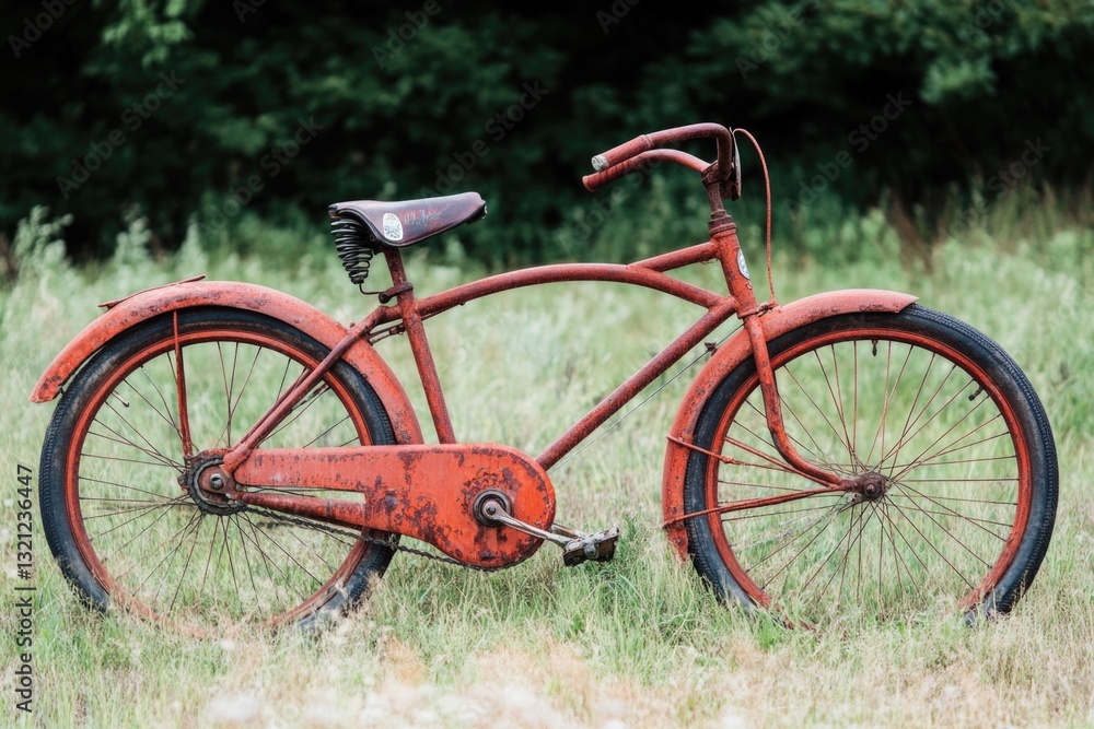 An old bicycle sits in a field, surrounded by nature An old bicycle sits in a field, surrounded by nature