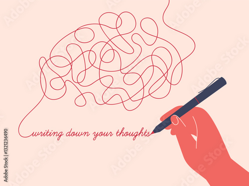 Journaling ideas and feelings. Person unravels tangle of chaos thoughts by writing them down with pen on paper. Psychotherapy, self reflection for mental disorder, anxiety and confusion mind. Vector