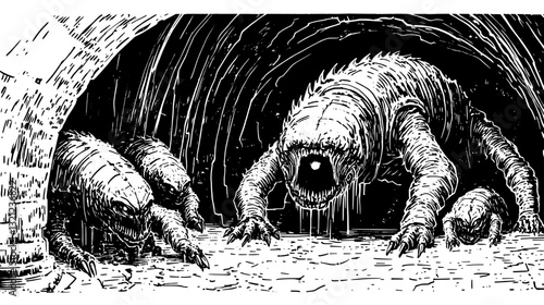 Engraved illustrations of mysterious creatures emerging from dark depths in a unique tattoo-style vector design