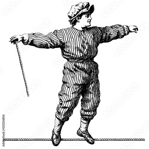 Illustration of a tightrope walker dressed in striped clothing balancing on a rope in a vintage style suitable for tattoo art and packaging