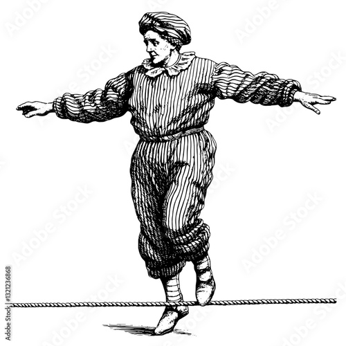 Elegant tightrope walker balancing on a rope captures the spirit of circus artistry and vintage flair in an engraved vector illustration