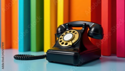 Black bakelite phone against bold striped backdrop , classic, object photo